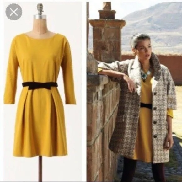 Anthropology Girls From Savoy Dress Mustard Yellow Fit & Flare 3/4 Sleeve XS - Picture 2 of 7